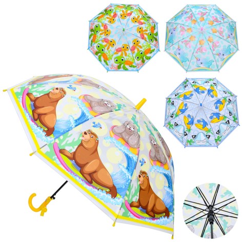 Зонтик детская длина 64,5см, трость 60см, диаметр 80см, спица 48см, клеенка, свисток, 4 вида, в п/е 