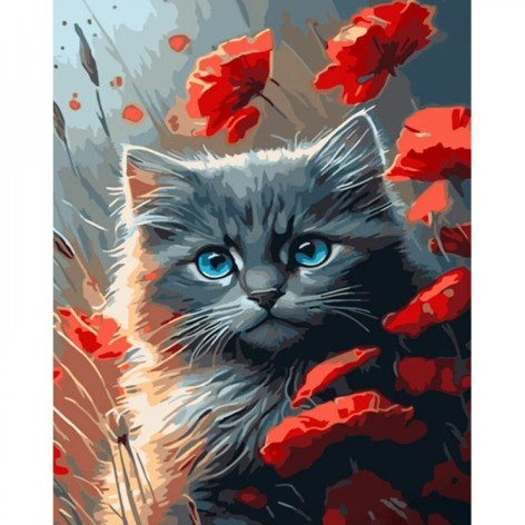 Картина по номерах Сірий котик у маках 40х50 см