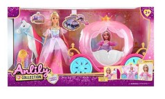 Кукла с каретой подсветкой, высота куклы 30 см, шарнирные конечности, ожерелье, корона, конь с седлом, карета, двери открываются, в кор. /6/