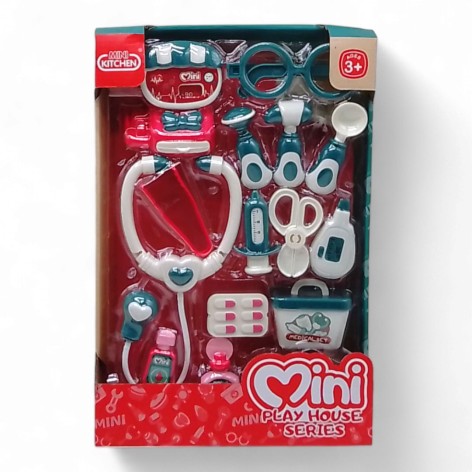 Набір лікаря стетоскоп, оглядове зеркало, пігулки, молоточки, окуляри, у коробці